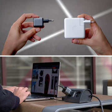Supertiny 65W + Free 2in1 Cable (Bundle) - US - Compact 65W white USB-C charger and black EU plug adapter held in hands; laptop connected to charging station on desk. - Rolling Square